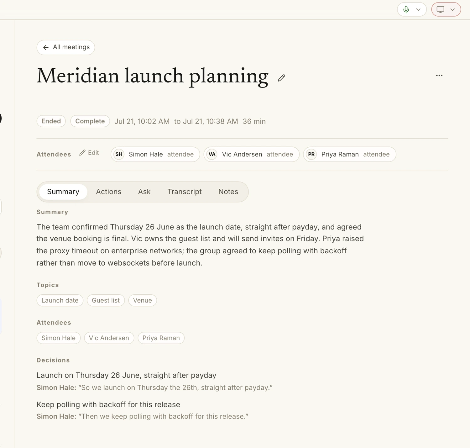 The Overshow meetings view: a meeting summary with its topics, attendees, and the decisions taken, each shown with the quote it came from.